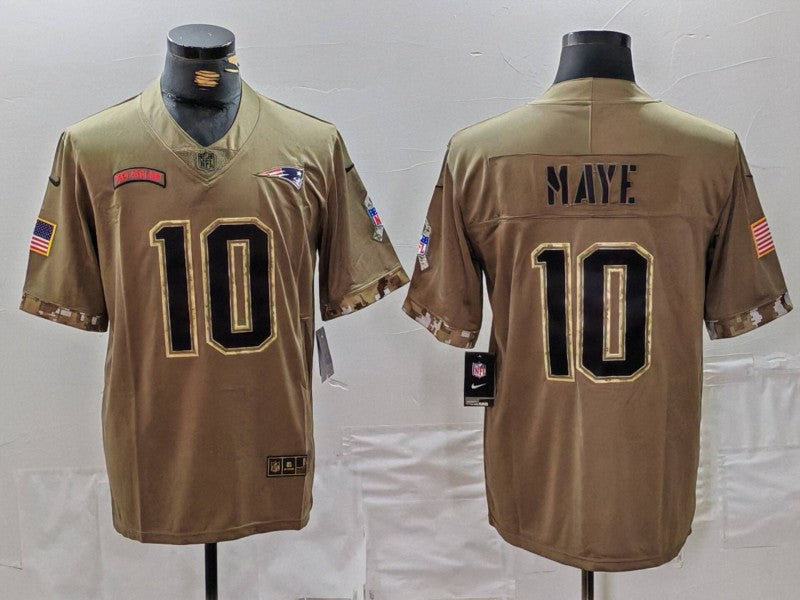 Men’s New England Patriots Drake Maye #10 Olive 2022 Salute To Service Limited Jersey