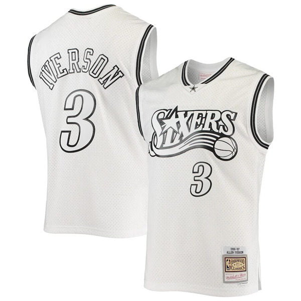 Men’s Philadelphia 76ers #3 Allen Iverson Mitchell & Ness 1997-98 White Out Hardwood Classics Jersey