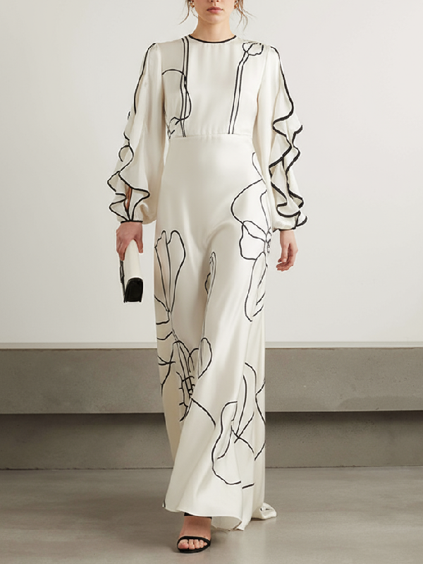 Loose Contrast Color Falbala Flower Print Hollow Zipper Maxi Dresses